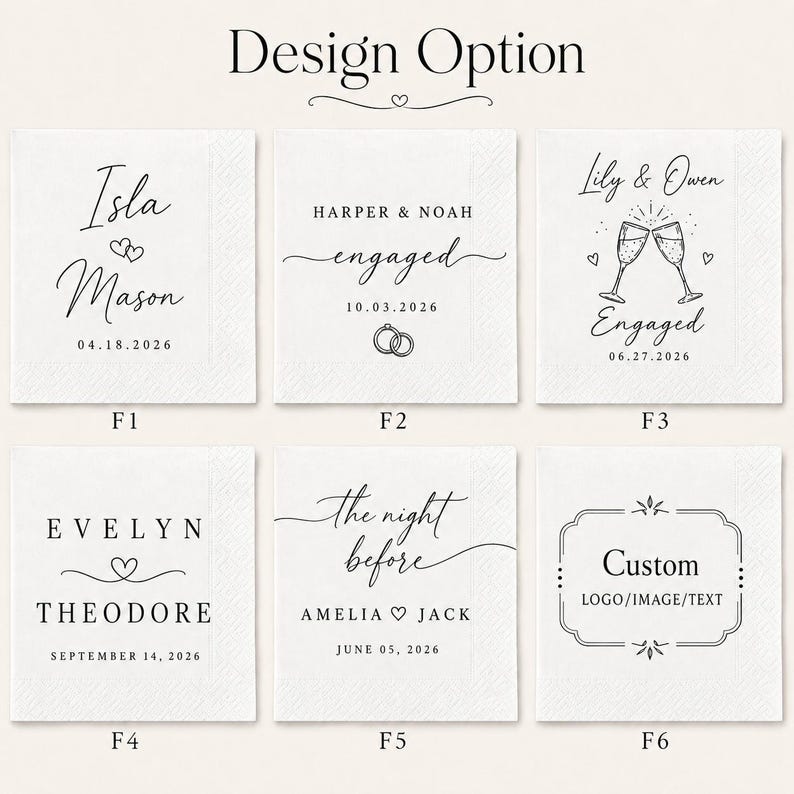 May include: Six square white paper napkins featuring black printed designs labelled F1 through F6. Each napkin displays unique personalised text, dates, and graphic elements such as hearts, wedding rings, and champagne flutes for event customisation.