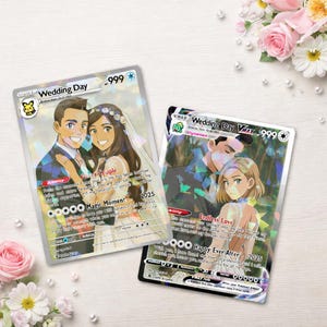 May include: Two collectible cards with wedding illustrations. One card features a couple with the text "Wedding Day" and "Power Couple." The other card shows a couple with the text "Wedding Day VMAX" and "Endless Love."