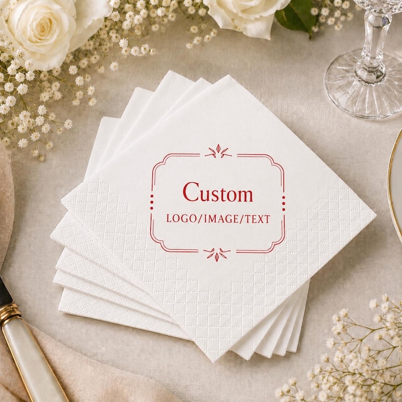 May include: A stack of square white paper napkins with a textured diamond pattern border. The centre features a red decorative frame with the text Custom LOGO/IMAGE/TEXT printed in red ink. The napkins are arranged in a layered, fanned-out stack.