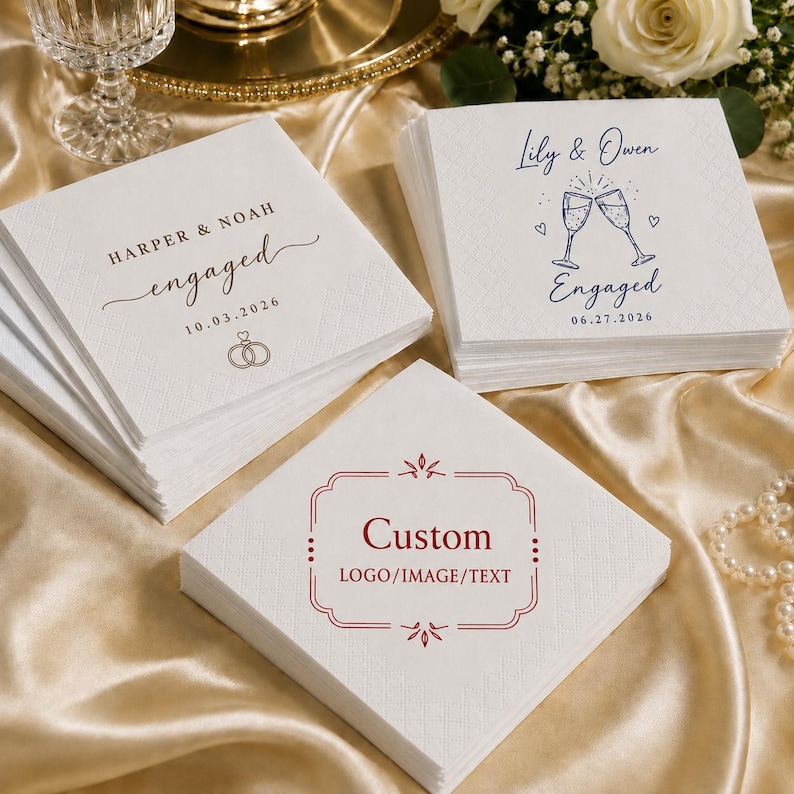 May include: Three stacks of square white paper napkins with embossed borders. One stack features the text HARPER & NOAH engaged 10.03.2026 with ring icons. Another shows Lily & Owen Engaged 06.27.2026 with champagne flutes. The third displays Custom LOGO/IMAGE/TEXT.