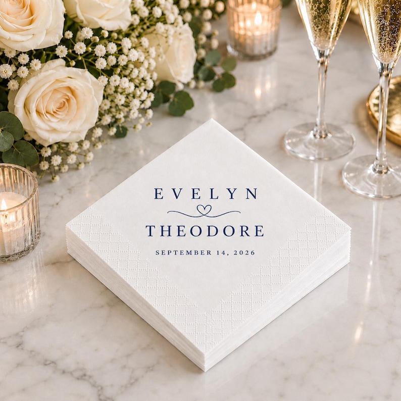 May include: A square white paper napkin with a textured border, featuring dark blue printed text that reads EVELYN, a small heart icon, THEODORE, and the date SEPTEMBER 14, 2026, centred on the front surface of the folded stack of napkins.