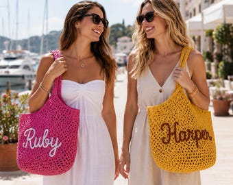 Personalisierte Strand Tragetasche, Benutzerdefinierte Stroh Schultertasche, ästhetische Sommerferien Tote, Brautjungfer Strand Geschenk, große gewebte Markttasche