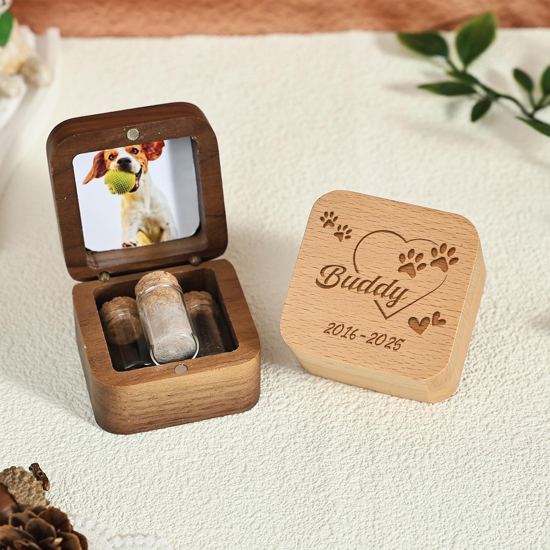 Custom Wooden Pet Memorial Box, Engraved Pet Ashes Keepsake ...