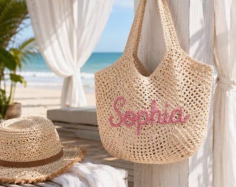 Bolso de paja personalizado con nombre, bolso de playa de verano personalizado, bolso tejido para la piscina para mujer, bolso de viaje para vacaciones, regalo para damas de honor