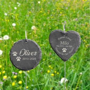 Puede incluir: Dos estacas de jardín conmemorativas para mascotas de pizarra gris oscuro. Una es redonda con el nombre "Oliver" y huellas de patas, la otra tiene forma de corazón con "Milo" y huellas de patas. Ambas tienen fechas y las palabras "Forever Loved" y "Forever in Our Hearts".