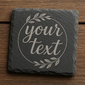 Posavasos de pizarra personalizados: posavasos de 10 cm personalizados con nombre, frase o logotipo. Regalo perfecto para bodas, inauguración de la casa o cumpleaños.