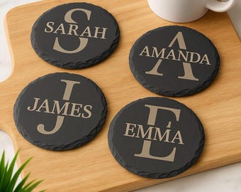 Personalized Engraved Slate Coasters - Custom Text, Initials or Logo - Handmade in Sweden