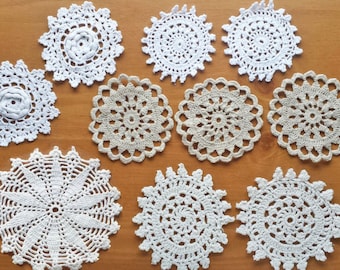 10 Vintage Crochet Doily Medallions, Small Craft Doilies, 2.5 through 4 inch Doilies, White, Beige, Ecru, Cream, Varying Natural Colors