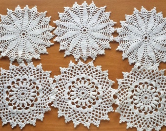 6 Hand Crocheted Vintage Doilies, Crochet Coasters, Crochet Snowflakes, Four Inch Doilies for Dream Catchers and Crafts, Beige Color Doilies