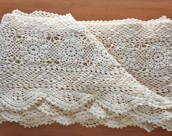 Vintage Crocheted Vintage Trim Edging, 64 x 138 inches, 7.5" Wide Sides Crochet Lace, Ivory Beige Color