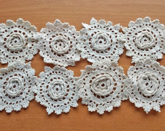 Shabby Flower Rosette Crochet Doilies, Dimensional Flower Doilies, Small Craft Doilies in White or Beige, 8 pieces