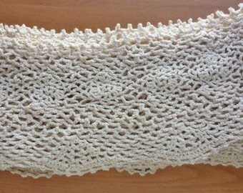 Beige Ecru Hand Crocheted Trim, 6 inch wide, overall 56 x 105 inches, Rectangular Trim with an Open Center, Blanket Edging, Quilt Edging
