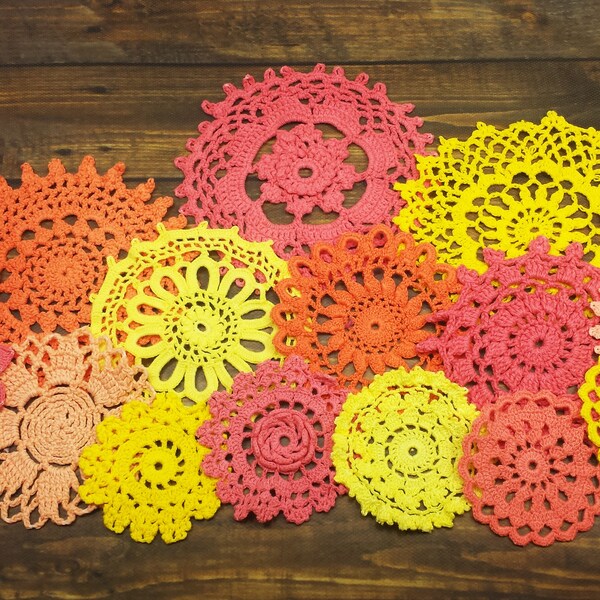 14 Hand Dyed Crocheted Doilies, Vintage Doilies in Bright Red, Orange, and Yellow Colors, Warm Tones