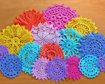 Colorful Crochet Doilies, 16 Hand Dyed Vintage Doilies, 2 to 5 inches, Crochet Mandalas, Doilies for Crafts, Decor, Dream Catchers and More