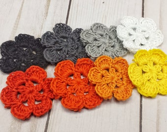 Crochet Flowers in Halloween Colors,  Crochet Flower Appliques, Handmade Lace Flowers, Hand Crocheted Flower Appliques