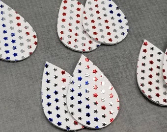 Star Print Leather Teardrops, White with Metallic Red Blue and Silver, 4 pairs Leather Shapes for Earrings, DIY Earring Blanks, Leather Drop