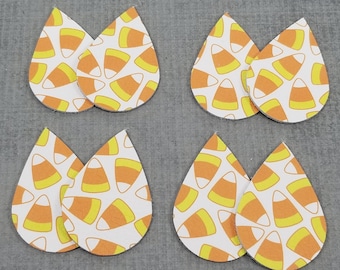 Candy Corn Pattern Leather Teardrops, 4 Pairs of Halloween GENUINE Leather Teardrops, Leather Shapes for Earrings, white background