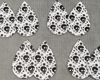 Halloween Skulls Leather Teardrops, 4 Pairs, GENUINE Leather Teardrops, Leather Shapes for Earrings, White and Black, Sugar Skulls