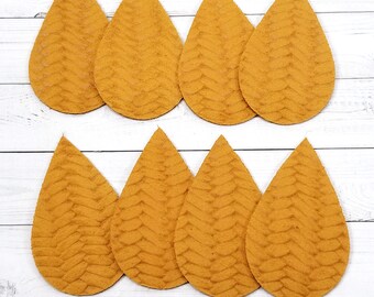 Mustard Color Embossed Teardrops, 4 pairs Genuine leather teardrops, leather shapes for earring making, Braided Fishtail, Earring Blanks
