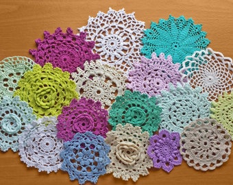 18 Hand Dyed Vintage Crochet Doilies, Beige, White, Blue, Green, and Purple Colored Doilies, 2, 3, 4 inch doilies