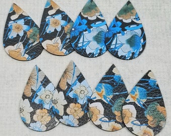 Brown and Blue Flowers Genuine Leather Teardrops, 4 Pairs, Leather Teardrops, Leather Shapes for Earring Making, Darker Floral Teardrops
