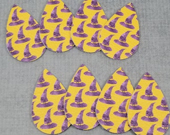 Witch Hat Pattern Leather Teardrops, 4 Pairs of Halloween GENUINE Leather Teardrops, Leather Shapes for Earrings, Purple and Yellow