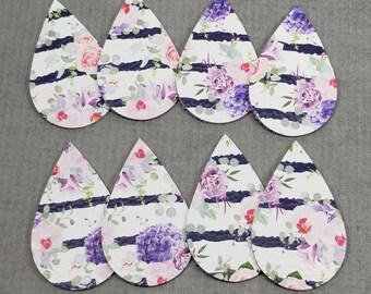 Stripes and Flower Teardrops, Genuine Leather Tear Drops, 4 Pairs Leather Teardrops, Leather Shapes for Earring Making, Spring Floral