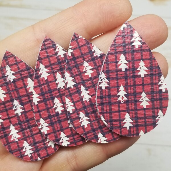 NEW Trees on Plaid, Leather Teardrops, 4 pairs, Trendy Christmas Teardrops for Earring Making, Genuine Leather Earring Blanks for earrings
