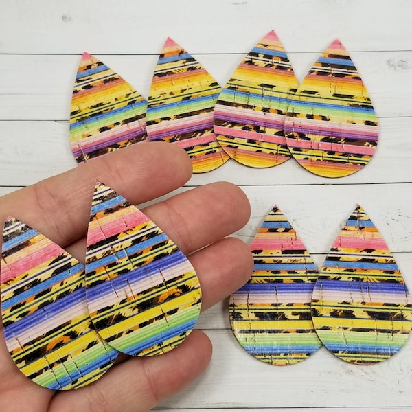 NEW Serape Striped Cork and Leather Teardrop Shapes, 4 pairs Shapes for Earring Making, Natural CORK Backed with Leather, Serape and Leopard