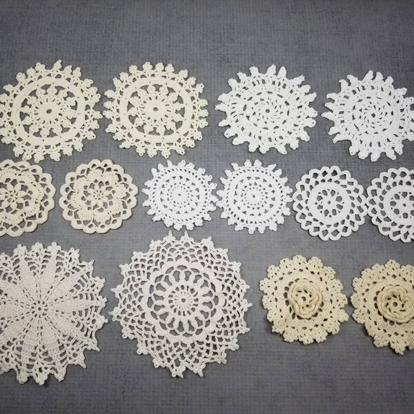 14 Vintage Doilies in Natural Colors, Beige, Ecru, White, and Off White Small Crochet Doilies, 2.5 to 4 inch Doilies, Crochet Mandalas