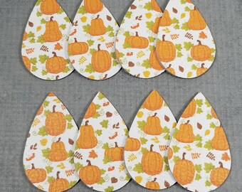 Pumpkin Pattern Leather Teardrops, 4 Pairs GENUINE Leather Teardrops, Leather Shapes for Earrings, Fall Pumpkins, Autumn, Leaf, Leaves