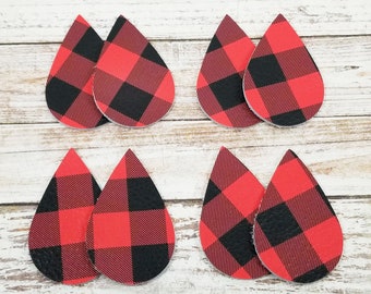 Red and Black Buffalo Plaid Leather Pieces, Leather Shapes for Earrings and Jewelry, 4 pairs, 8 pieces, Leather Teardrops for Earrings