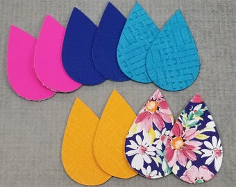 Leather Teardrop Shapes, 5 pairs, Leather Teardrops for Earrings, Leather Earring Supplies, Pink, Orange, Blue, Floral, Embossed, Woven