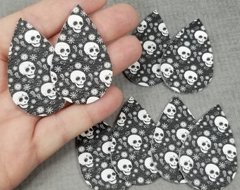 Halloween Skulls Leather Teardrops, 4 Pairs, GENUINE Leather Teardrops, Leather Shapes for Earrings, Black and White, Sugarskulls