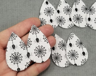 Spider and Webs Leather Teardrops, 4 Pairs, Halloween GENUINE Leather Teardrops, Leather Shapes for Earrings, Black and White, Spiderweb