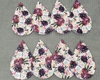 NEW Purple Flowers Genuine Leather Tear Drops, 4 Pairs of Leather Teardrops, Leather Shapes for Earring Making, Printed Teardrops, Floral