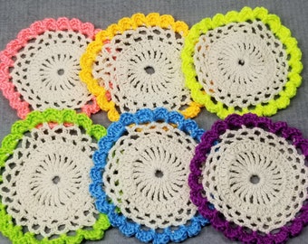 Colorful Crochet Medallions, Beige and Neon Colors, 6 doilies, 3 inch Doilies for Crafts, Sewing, Dream Catchers, DIY Flower Crafts