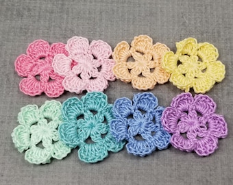 Rainbow of Crocheted Flowers, Small Crochet Flower Appliques, 1.25 inch Posies, Hand Crocheted Flowers, Set of 8 Pieces