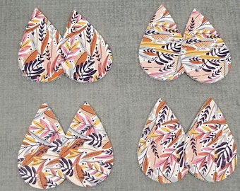 NEW Color Boho Leaves Teardrops, Genuine Leather with Leaf Pattern, Printed Cowhide, 4 pairs, earring making, Colorful Leaf Pattern