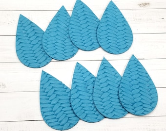 Turquoise Blue Embossed Teardrops, 4 pairs Genuine leather teardrops, leather shapes for earring making, Braided Fishtail, Earring Blanks
