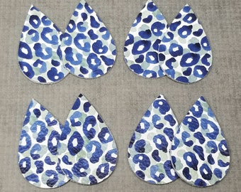 Blue Leopard Print Teardrops, Earring Blanks, 4 Pairs, Leather Teardrops, Leather Shapes for Earring Making, Cheetah, Colorful Animal