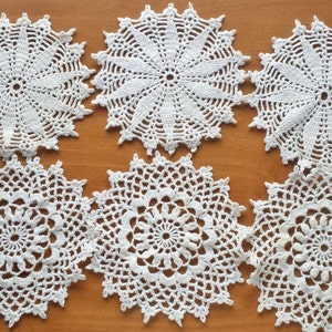 6 Hand Crocheted Vintage Doilies, Crochet Coasters, Crochet Snowflakes, Four Inch Doilies for Dream Catchers and Crafts, Beige Color Doilies image 1