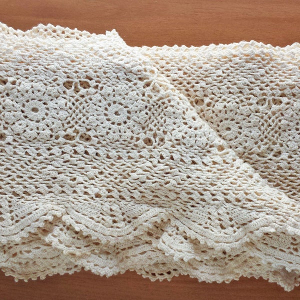 Vintage Crocheted Vintage Trim Edging, 64 x 138 inches, 7.5" Wide Sides Crochet Lace, Ivory Beige Color