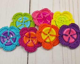 7 Crocheted Button Flowers, Colorful Crochet Flowers each with a Button, 1.75 inches each, Crochet Flower with Buttons Embellishments