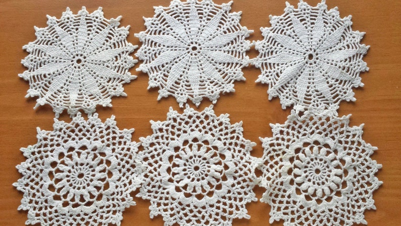 6 Hand Crocheted Vintage Doilies, Crochet Coasters, Crochet Snowflakes, Four Inch Doilies for Dream Catchers and Crafts, Beige Color Doilies image 2