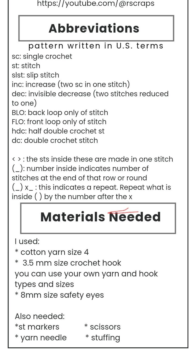 May include: A white graphic with crochet abbreviations and materials needed for a crochet project. The text includes abbreviations like sc, st, and slst, along with a list of materials such as cotton yarn size 4 and a 3.5 mm crochet hook.