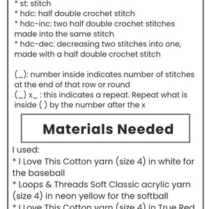May include: A white rectangular graphic with the title "Abbreviations" and a list of crochet terms. Below, a section titled "Materials Needed" lists yarn, crochet hooks, stitch markers, scissors, and stuffing.