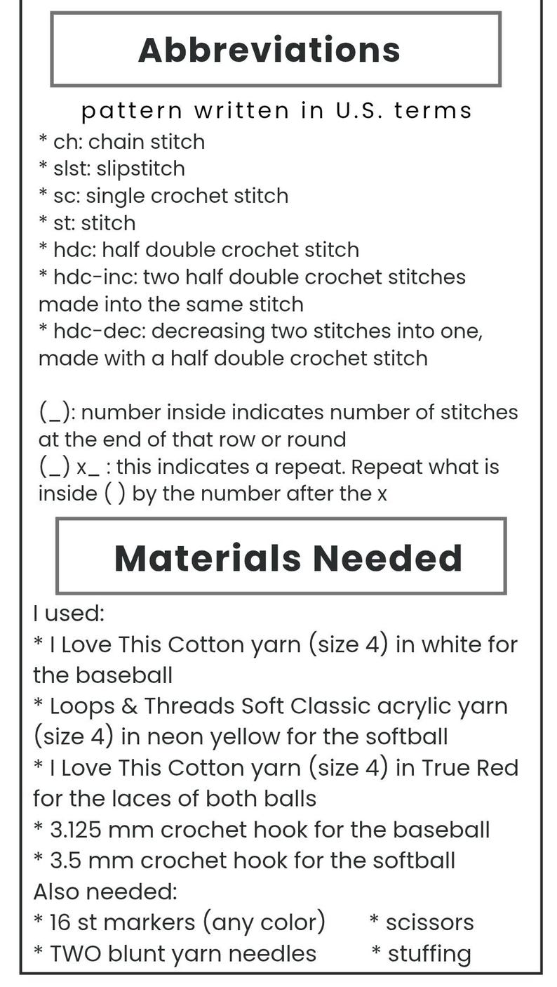 May include: A white rectangular graphic with the title "Abbreviations" and a list of crochet terms. Below, a section titled "Materials Needed" lists yarn, crochet hooks, stitch markers, scissors, and stuffing.