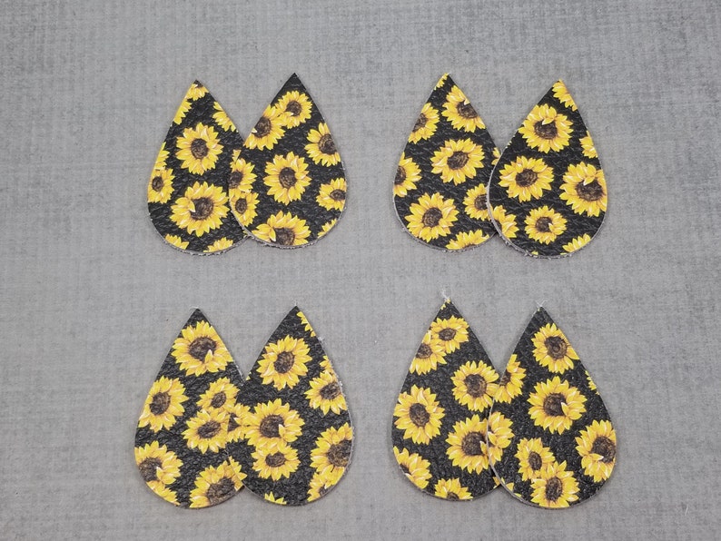 Sunflower Genuine Leather Tear Drops Leather Shapes for Earring Making 4 Pairs of Leather Teardrops Floral Black and Yellow