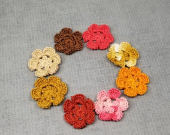 Crochet Flower Embellishments, Set of 8 Hand Crocheted Flowers, Crochet Appliques, Small Crochet Flowers, Boho Colors Lace Flowers